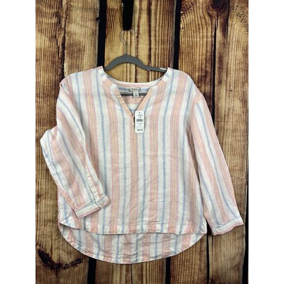NWT LL Bean Shirt Women's Small Pink Premium Linen Splitneck Sunrise Stripe Top - Picture 1 of 10